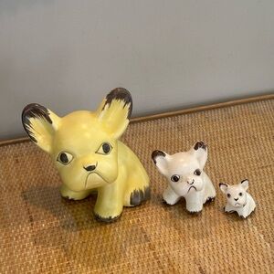 Vintage Mid Century Sylvac Yellow Frenchie French Bulldog Ceramic Figurines Set